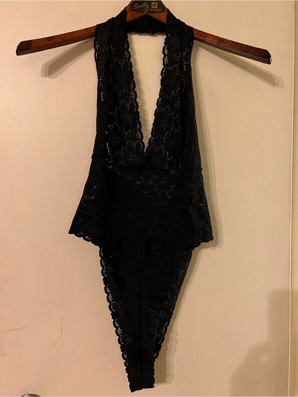 Victoria’s Secret Sheer Lace Plunge Deep V Teddy Bodysuit  Black Halter Medium M